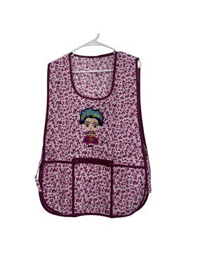 Women Apron Floral Frida Design Burgundy Trim & Pockets Kitchen One size NWOT